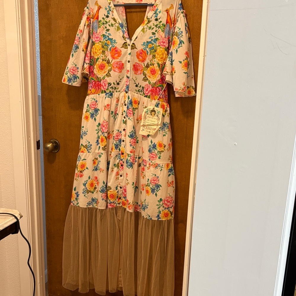 450. Aratta Floral Button-Front Maxi Dress in Cream with Tulle Hem - Picture 1 of 3